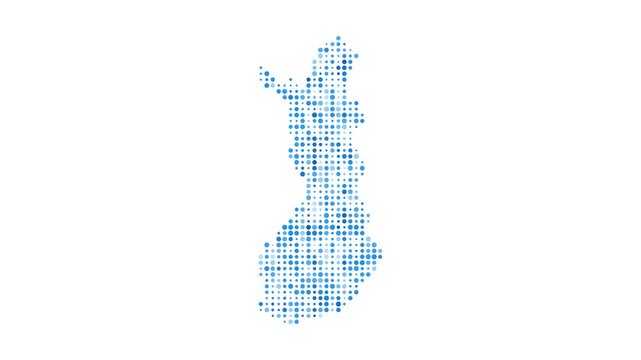 Finland dotted digital map. Map of Finland with pulsating colored circles. Shape of the country filled with blue disks. Elegant video.