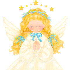 Peaceful Golden Hair Angel with Blue Bows and Halo of Stars, Whimsical Christmas Illustration.