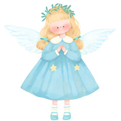Graceful Angel in Blue Dress with Leaf Crown and Wings, Charming Holiday Illustration.