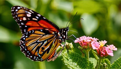 Fototapeta premium Close-up of a vibrant monarch butterfly delicately feeding on bright pink flowers in a lush, green garden. The intricate patterns of the butterfly's wings stand out beautifully against the colorful