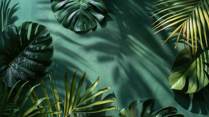 Fototapeta premium Shadow tropical leaves arrangement on green backdrop with tropical vibe and space for text