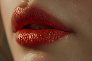 Close-up of full, luscious lips with a vibrant red hue, showcasing intricate details and textures that highlight their beauty.