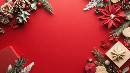 Festive arrangement of holiday decorations on a vibrant red background, ideal for Christmas celebrations and seasonal greetings.