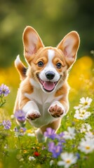 Corgi puppy running through a field of