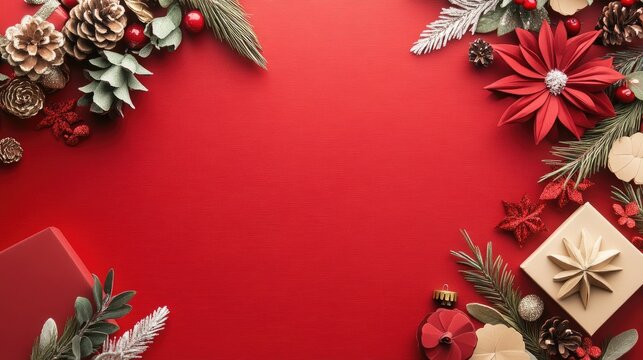 Festive arrangement of holiday decorations on a vibrant red background, ideal for Christmas celebrations and seasonal greetings.