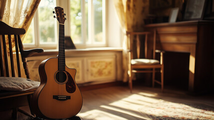 Acoustic Guitar by the Window in Warm Sunlight