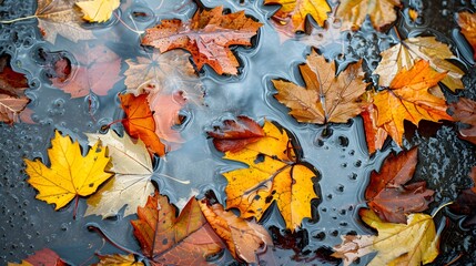 Autumn Leaves Floating in a Puddle of Water