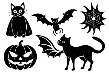 Halloween icon set. Collection of various scary and funny animal  Magic symbols for parties, celebrations, templates and decorations. Isolated silhouette. Vector