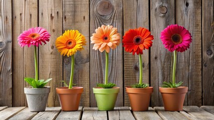 Obraz premium Six vibrant gerbera daisies in pots against a weathered plank wall