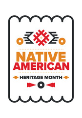 Native American Heritage Month in November. American Indian culture. Celebrate annual in United States. Tradition pattern. Poster, card, banner and background. Vector ornament, illustration