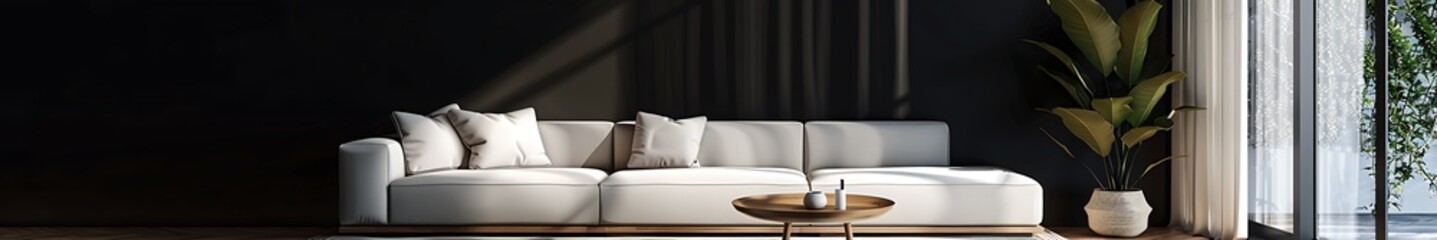 Elegant living room interior with a minimalist black wall, showcasing a white sofa and wooden coffee table near a window filled with natural light.