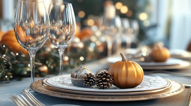 Close-up of a Thanksgiving Table Setting with Pumpkins and Pine Cones