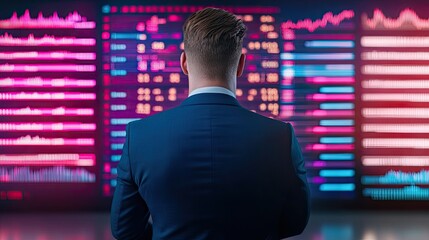 Fototapeta premium Professional man in suit analyzing financial data on digital screens with colorful graphs and charts in a modern office environment.