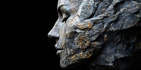 Rock formations of face that resemble human features against a dark background.