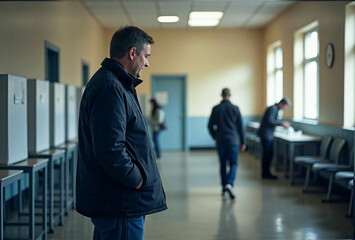 Fototapeta premium A man stands in a quiet polling station, reflecting while others vote. The soft lighting and empty space convey a calm, contemplative atmosphere, possibly representing civic duty or decision-making.