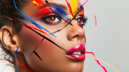 Avant-Garde Makeup Portrait with Abstract Lines and Bold Primary Colors