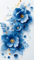 Elegant blue floral paper art with gold accents and intricate leaf patterns