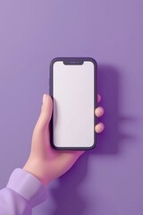 Cartoon hand holding smartphone with blank screen on purple background