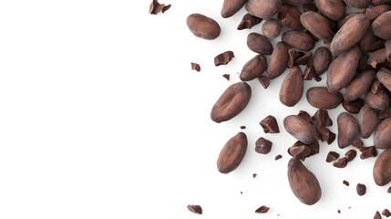Obraz premium Realistic close-up of scattered cocoa beans on a white background, highlighting their rich, dark texture and natural imperfections