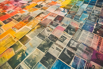 An artistic arrangement of colorful magazine clippings laid out on a flat surface, showcasing various styles and textures.