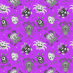 Halloween vector illustration. Funny cartoon monster seamless pattern on bright background. Colorful design for party decoration.