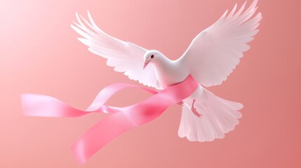 White Dove with Pink Ribbon in Flight