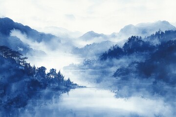 Tranquil chinese ink wash landscape with misty mountains and ai concept