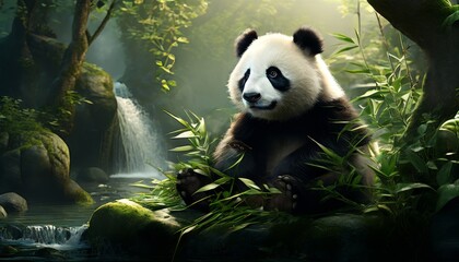 Obraz premium Cute panda bear sitting peacefully in a lush forest, munching on bamboo. This serene and enchanting scene captures the charm of wildlife and nature, ideal for animal lovers and environmental themes