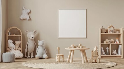 Playful Nursery Decor with Wooden Furniture and Stuffed Animals