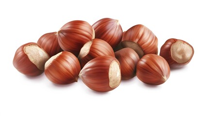 Obraz premium A display of hazelnuts on a white background, emphasizing their smooth, round shape and warm brown color with delicate detailing