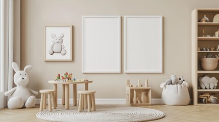 Playroom Interior Design with White Frames and Wooden Toys