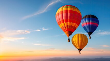 Naklejka premium Vibrant hot air balloons soaring against a stunning sunset sky, showcasing adventure and freedom in the open air.