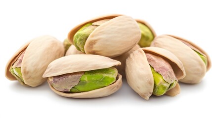 A close-up of pistachios in their shells on a white background, highlighting their pale green hue and slightly open shells with fine details