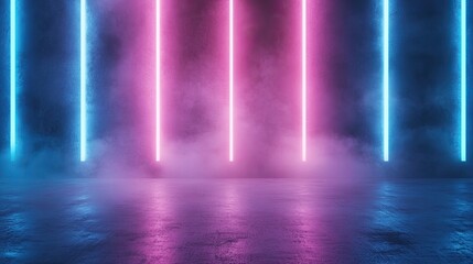 Obraz premium Vibrant neon lights create an immersive atmosphere with colorful beams and mist, perfect for modern backgrounds or creative projects.