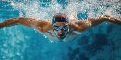 Fototapeta premium Professional Swimmer in Action During Butterfly Stroke, Showcasing Power and Technique. AI generated illustration