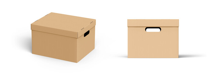 brown Cardboard box with lid isolated on white background. paper packaging mockup