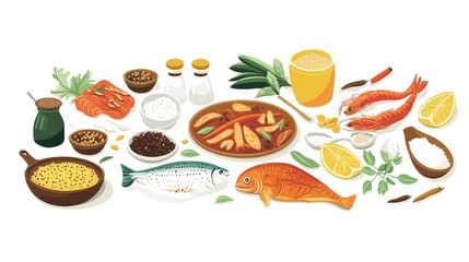 White background illustration with a collection of spices, salt, sugar, curry, and dishes such as fish and chicken, in a minimalist style