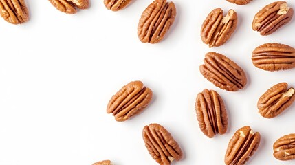Realistic close-up of scattered pecans on a white background, showcasing their rich brown color and grooved, textured surface with soft shadows