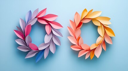 Obraz premium Vibrant paper wreaths showcasing pastel leaves, perfect for spring decor or artistic displays against a soft blue background.