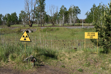 Radiation warning signs on the edge of the Red Forest in the Chernobyl Exclusion Zone