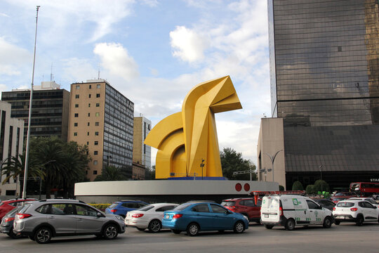Mexico City, Mexico - Aug 23 2023: Horse head sculpture known as El Caballito de Sebastian in a roundabout on Paseo de la Reforma in CDMX