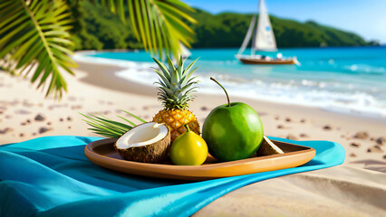 Obraz premium Tropical beach paradise with palm trees and romantic breakfast. The perfect place to relax with a picturesque view of the turquoise ocean and boat.