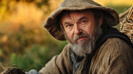 portrait of a mature, medieval peasant wearing a  hat