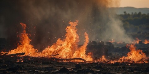 Wildfire Primal Frenzy Uncontrollable Natural Disaster Blazing Flames Destructive Fierce Burning Landscape Apocalyptic End of World Scenario.