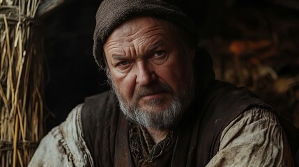 Obraz premium portrait of a mature, medieval peasant wearing a hat