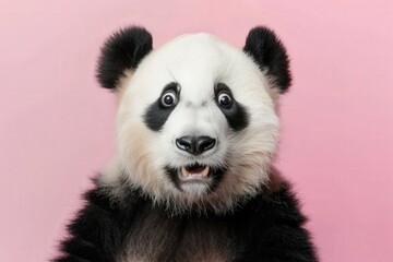 Fototapeta premium A panda bear with its eyes wide open and staring at the camera, generative ai image