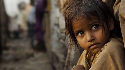 homeless child sitting in the street, concept of poverty and suffering