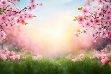 Obraz na płótnie Canvas Pink cherry blossoms blooming in a green field