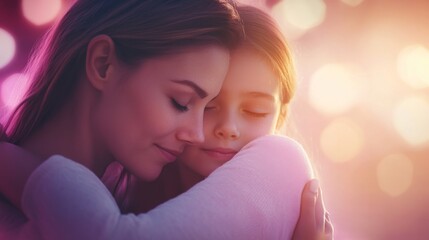 Close-up of a mother and daughter embracing with their eyes closed