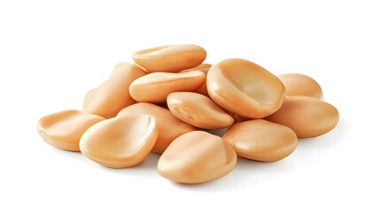 Realistic close-up of dried fava beans on a white background, highlighting their slightly wrinkled surface and beige color with subtle shadows